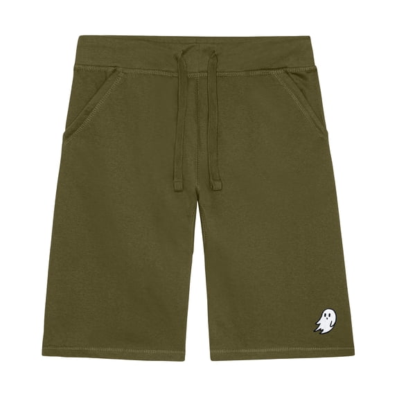 Dalix Ghost Embroidered Short Soft Fleece Relaxed Drawstring Fit Lounge Mens in Mil Green S Small
