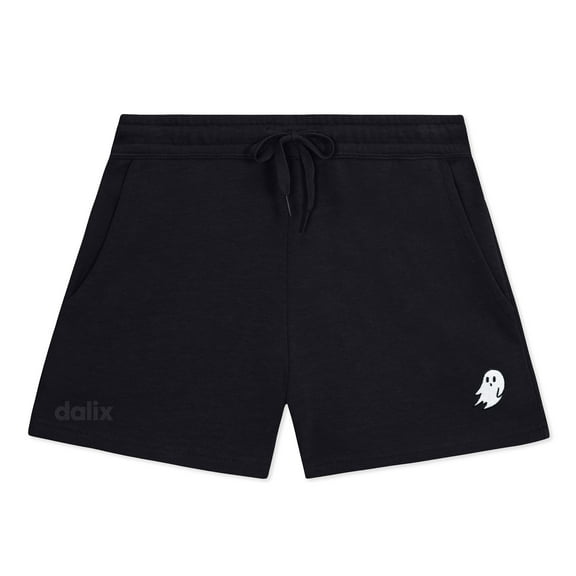 Dalix Ghost Embroidered Shorts Washed Soft Fleece Relaxed Drawstring Pocket Fit Lounge Womens in Black XS X-Small