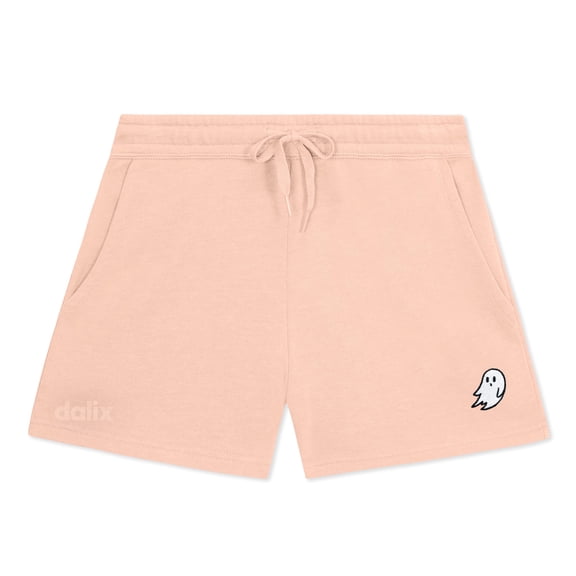 Dalix Ghost Embroidered Shorts Washed Soft Fleece Relaxed Drawstring Pocket Fit Lounge Womens in Blush S Small