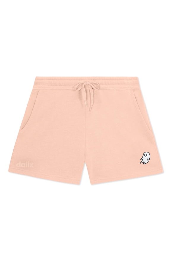 Ghost Embroidered Shorts Washed Soft Fleece Relaxed Drawstring Pocket Fit Lounge Womens in Blush XS X-Small