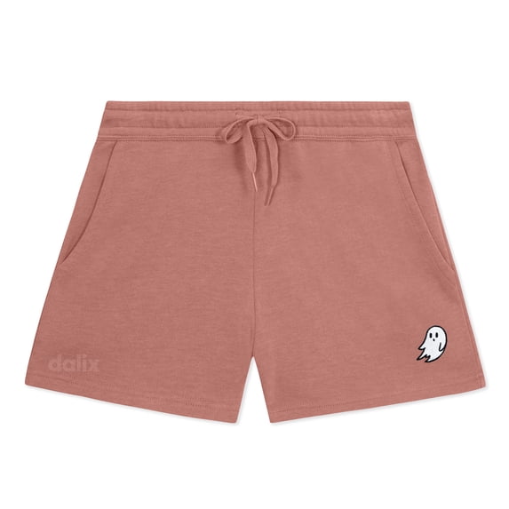 Dalix Ghost Embroidered Shorts Washed Soft Fleece Relaxed Drawstring Pocket Fit Lounge Womens in Dusty Rose L Large
