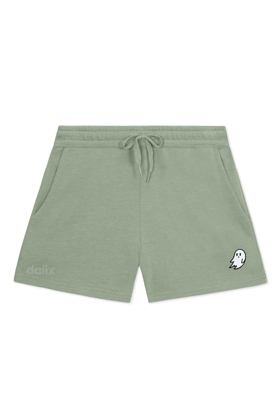 Ghost Embroidered Shorts Washed Soft Fleece Relaxed Drawstring Pocket Fit Lounge Womens in Sage XL X-Large