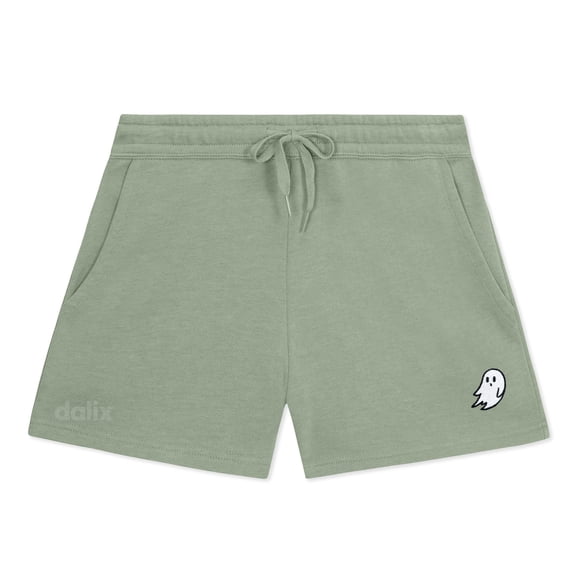 Dalix Ghost Embroidered Shorts Washed Soft Fleece Relaxed Drawstring Pocket Fit Lounge Womens in Sage XS X-Small