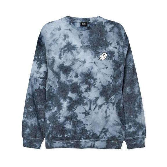 Dalix Ghost Embroidered Washed Crewneck Sweatshirt Fleece Cotton Mens in Tie Dye Black M Medium
