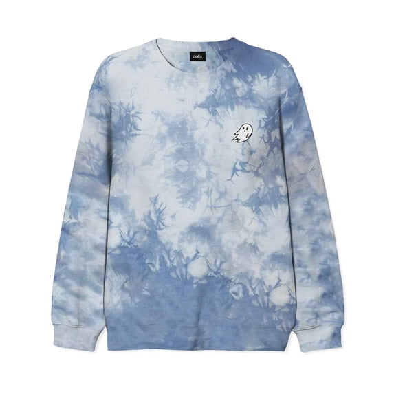 Dalix Ghost Embroidered Washed Crewneck Sweatshirt Fleece Cotton Mens in Tie Dye Blue 2XL XX-Large