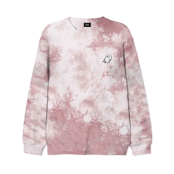 Dalix Ghost Embroidered Washed Crewneck Sweatshirt Fleece Cotton Mens in Tie Dye Pink S Small