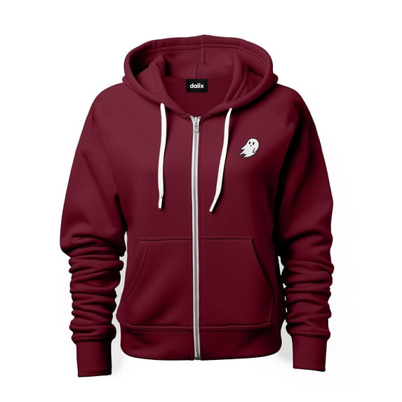 Dalix Ghost Embroidered Zip Hoodie Fleece Long Sleeve Pocket Warm Soft Mens in Maroon M Medium