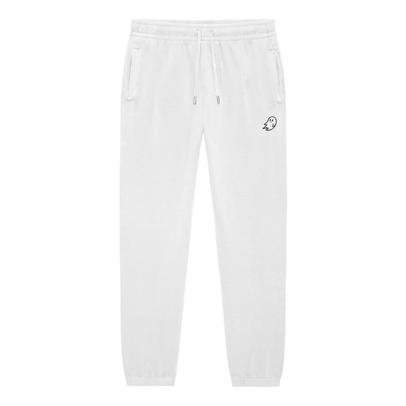 Dalix Ghost Embroidery Heavy Weight Fleece Sweatpants Soft Lounge Pant Drawstring Waistband Pockets Mens in White S Small