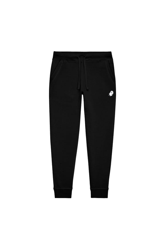 Ghost Embroidery Jogger Midweight Fleece Sweatpants Soft Lounge Pant Drawstring Waistband Pockets Mens in Black L Large