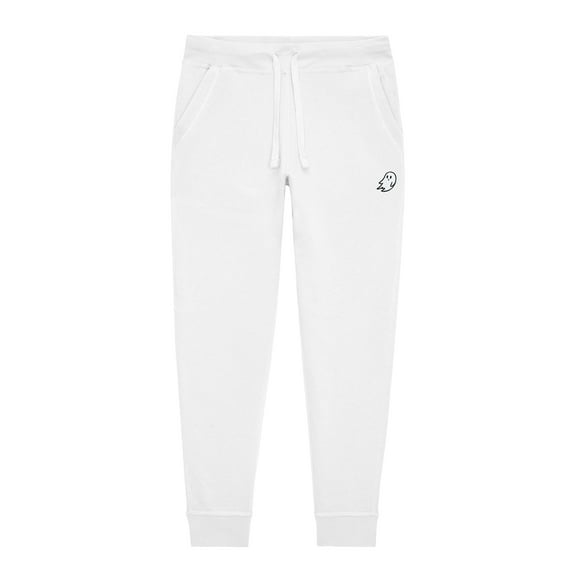 Dalix Ghost Embroidery Jogger Midweight Fleece Sweatpants Soft Lounge Pant Drawstring Waistband Pockets Mens in White XS X-Small