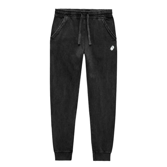 Dalix Ghost Embroidery Washed Midweight Jogger Fleece Sweatpants Soft Lounge Pant Drawstring Waistband Pockets Mens in Black XS X-Small