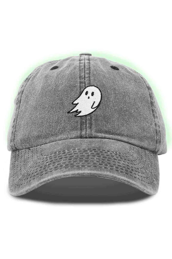 Ghost Glow in the Dark Embroidered Mens Womens Cotton Dad Hat Baseball Cap Adjustable in Washed Black