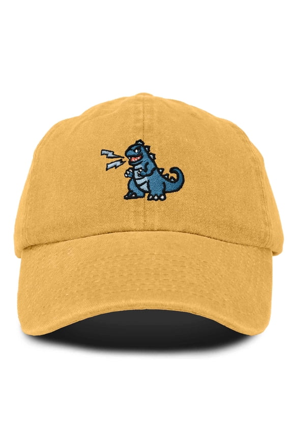 Giant Lizard Kaiju Embroidered Cotton Dad Hat Baseball Cap Adjustable Glow in the Dark Mens in Washed Gold