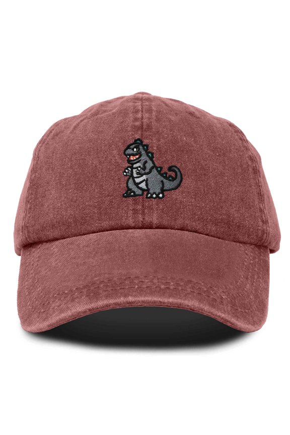 Giant Lizard Kaiju Embroidered Cotton Dad Hat Baseball Cap Adjustable Glow in the Dark Mens in Washed Red