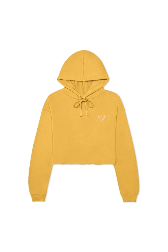 Heart Embroidered Fleece Cropped Hoodie Cold Fall Winter Women in Heather Mustard XL X-Large