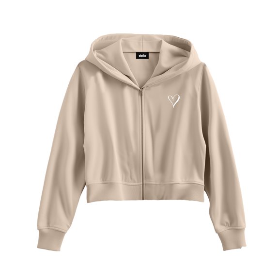 Dalix Heart Embroidered Fleece Cropped Zip Hoodie Cold Fall Winter Womens in Tan XL X-Large