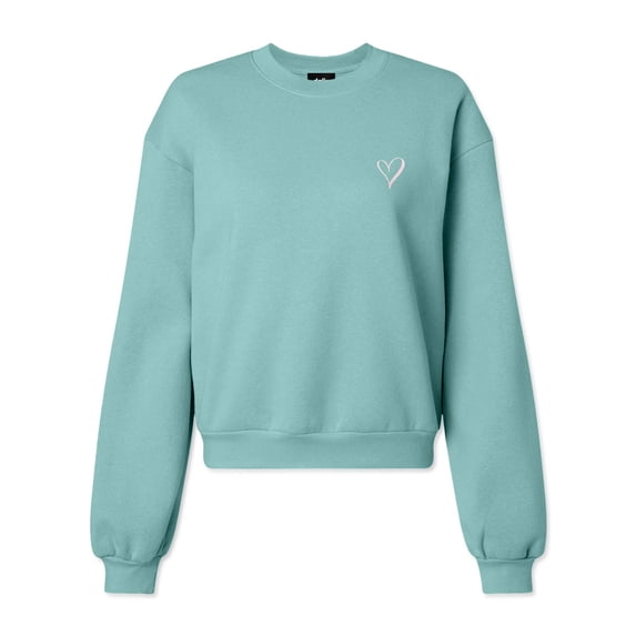 Dalix Heart Embroidered Fleece Relaxed Boxy Fit Long Sleeve Crewneck Sweatshirt Womens in Arctic Blue S Small