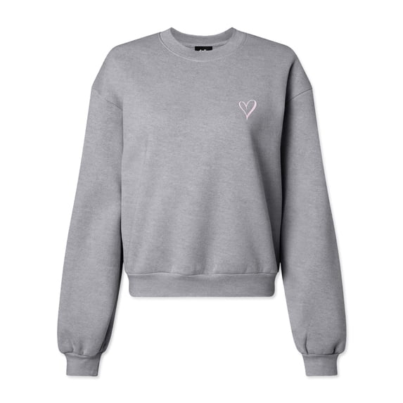 Dalix Heart Embroidered Fleece Relaxed Boxy Fit Long Sleeve Crewneck Sweatshirt Womens in Heather Gray L Large
