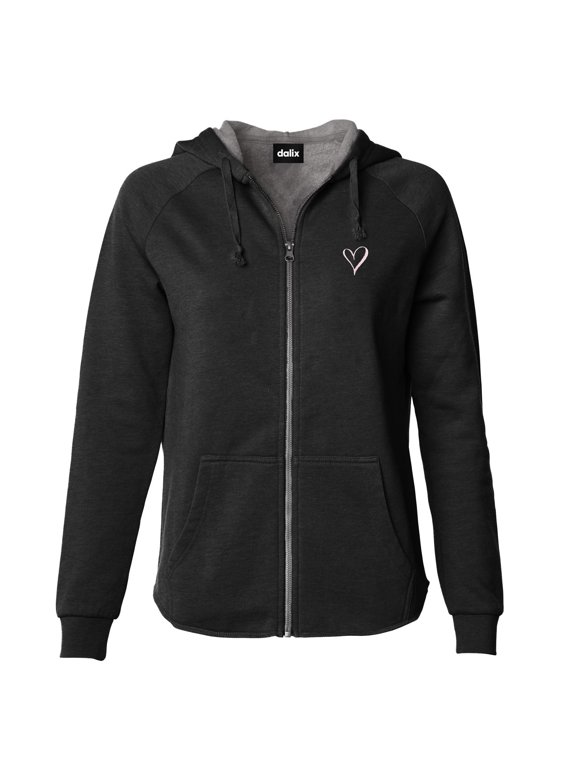 Heart Embroidered Fleece Zip Washed Hoodie Cold Fall Winter Women in Black M Medium