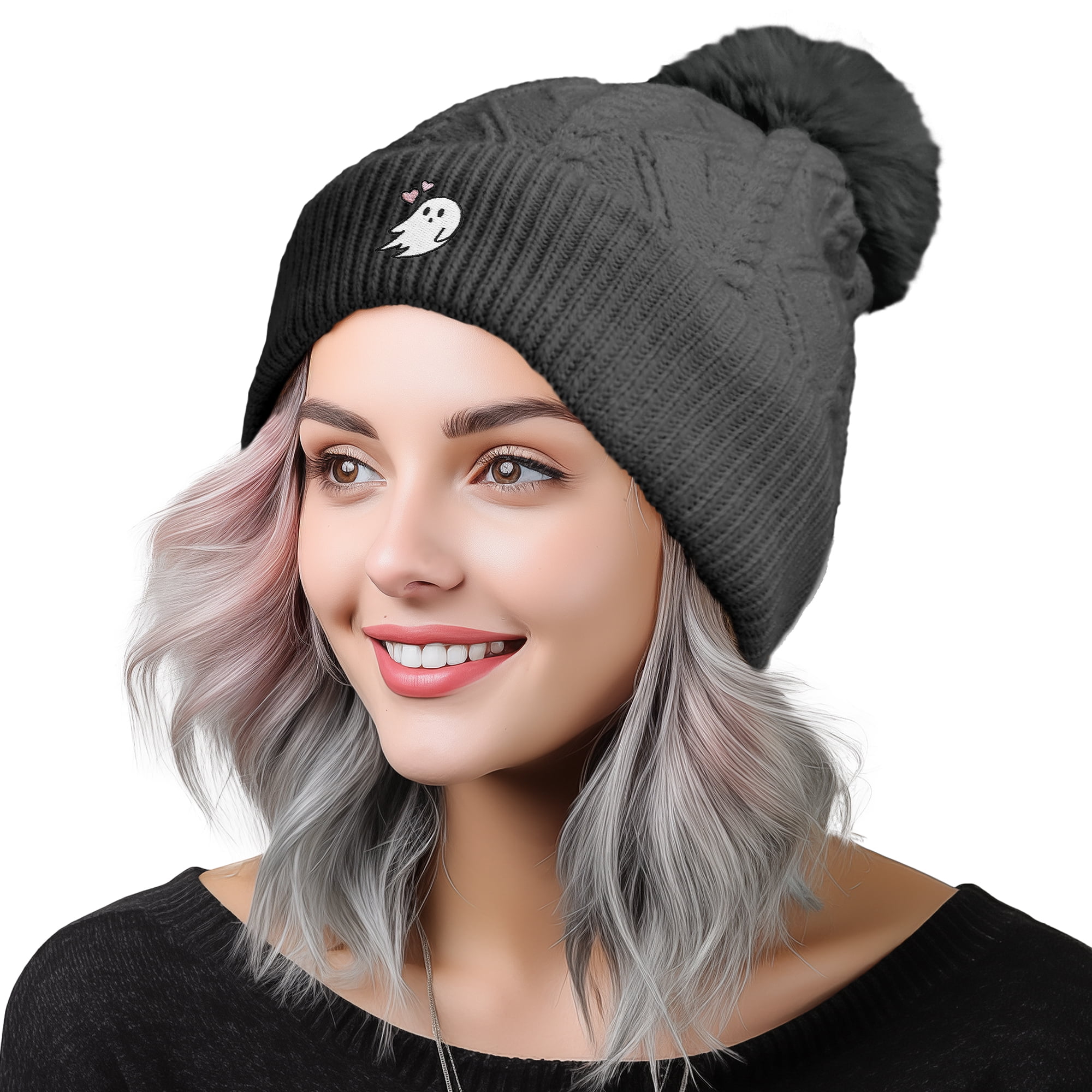 Dalix Heartly Ghost Cable Knit Pom Beanie Soft Stretch Skully Warm Fuzzy Faux Sherpa Winter Ski Beanie in Charcoal Gray