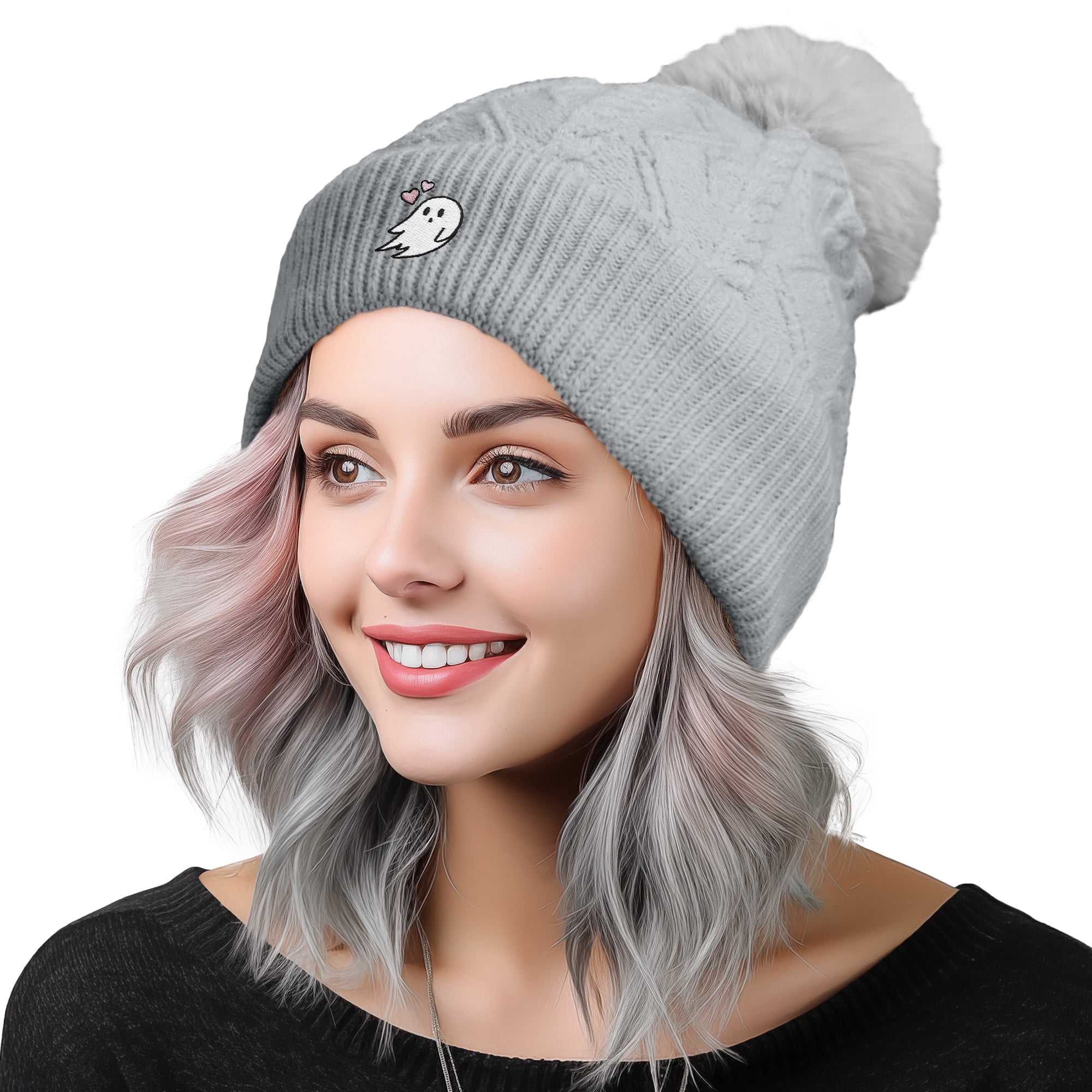 Dalix Heartly Ghost Cable Knit Pom Beanie Soft Stretch Skully Warm Fuzzy Faux Sherpa Winter Ski Beanie in Gray