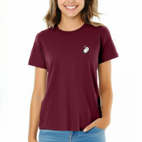 Dalix Heartly Ghost Embroidered Cotton Relaxed Fit Short Sleeve Crewneck Tee Shirt Women in Maroon XL X-Large