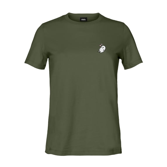 Dalix Heartly Ghost Embroidered Cotton Relaxed Fit Short Sleeve Crewneck Tee Shirt Women in Military Green XS X-Small
