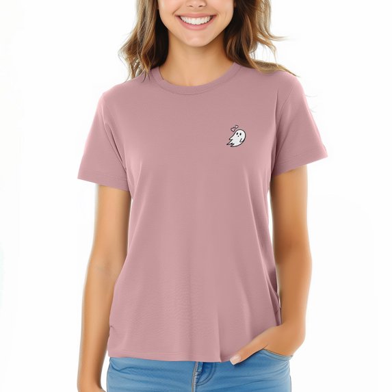 Dalix Heartly Ghost Embroidered Cotton Relaxed Fit Short Sleeve Crewneck Tee Shirt Women in Orchid Purple M Medium