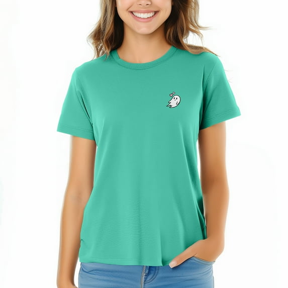 Dalix Heartly Ghost Embroidered Cotton Relaxed Fit Short Sleeve Crewneck Tee Shirt Women in Teal M Medium