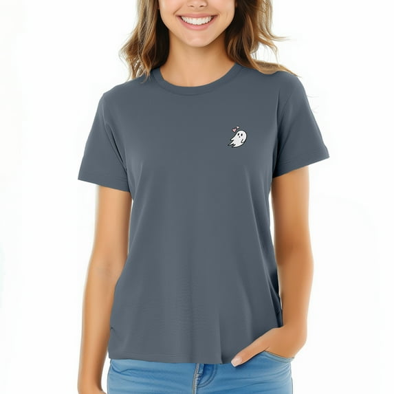 Dalix Heartly Ghost Embroidered Cotton Relaxed Fit Short Sleeve Crewneck Tee Shirt Women in Vintage Navy XL X-Large