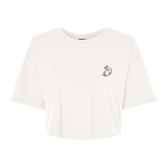 Dalix Heartly Ghost Embroidered Cropped Relaxed Cropped Soft Lightweight Loose T Shirt Womens in Vintage White 2XL XX-Large