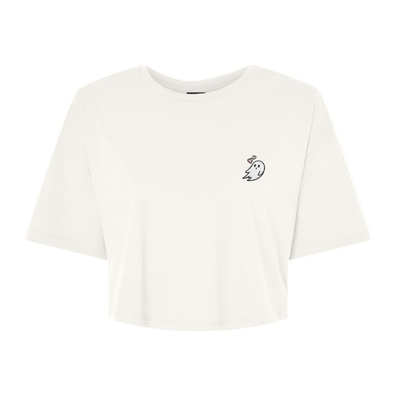 Dalix Heartly Ghost Embroidered Cropped Relaxed Cropped Soft Lightweight Loose T Shirt Womens in Vintage White S Small