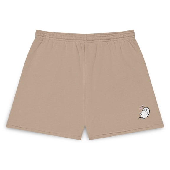 Dalix Heartly Ghost Embroidered Fleece Short Sweats Soft Warm Womens in Tan M Medium
