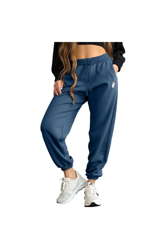 Heartly Ghost Embroidered Fleece Sweatpant Soft Warm Womens in Blue M Medium