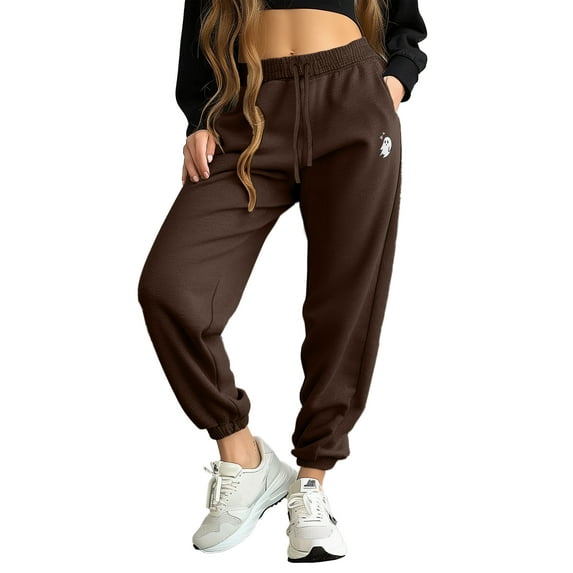 Dalix Heartly Ghost Embroidered Fleece Sweatpant Soft Warm Womens in Brown XL X-Large