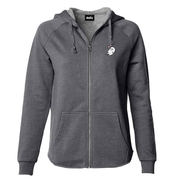 Dalix Heartly Ghost Embroidered Fleece Zip Hoodie Cold Fall Winter Women in Shadow L Large