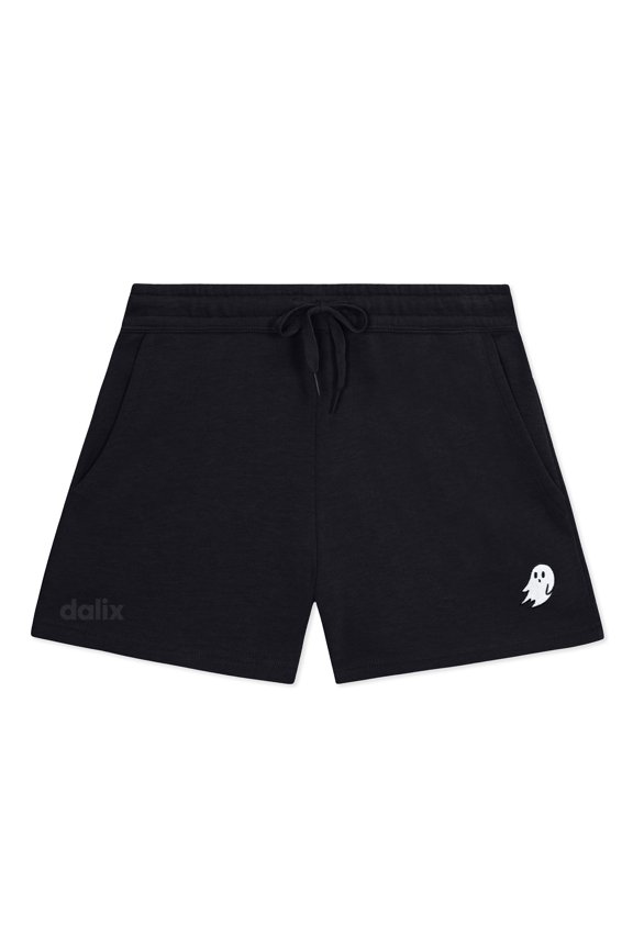 Ghost Embroidered Shorts Washed Soft Fleece Relaxed Drawstring Pocket Fit Lounge Womens in Black S Small