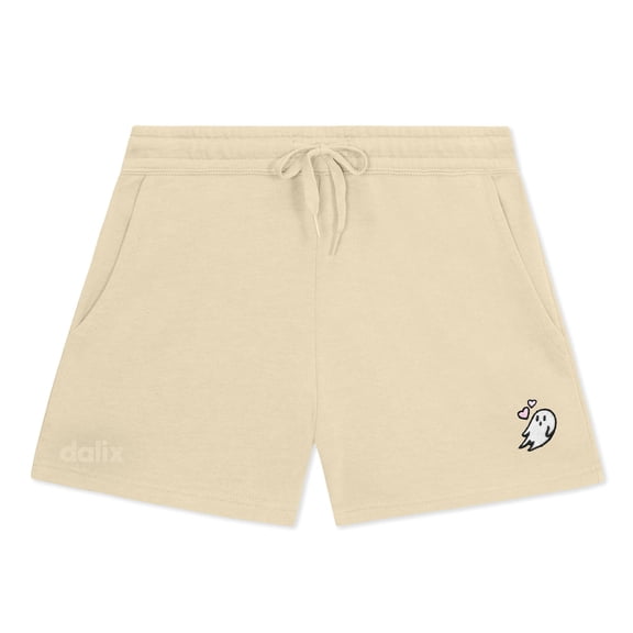 Dalix Heartly Ghost Embroidered Shorts Washed Soft Fleece Relaxed Drawstring Pocket Fit Lounge Womens in Bone XS X-Small
