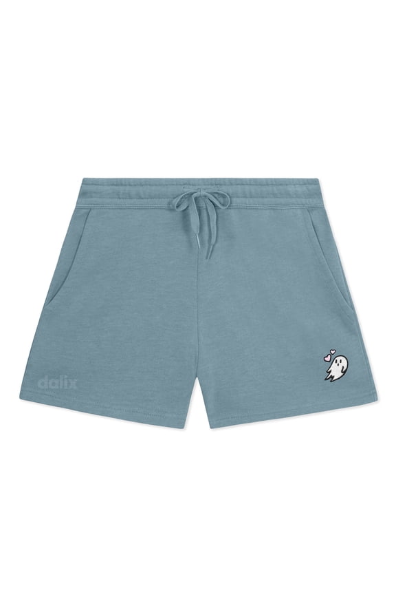 Heartly Ghost Embroidered Shorts Washed Soft Fleece Relaxed Drawstring Pocket Fit Lounge Womens in Misty Blue XS X-Small