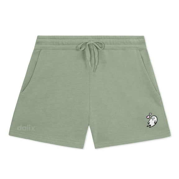 Dalix Heartly Ghost Embroidered Shorts Washed Soft Fleece Relaxed Drawstring Pocket Fit Lounge Womens in Sage M Medium