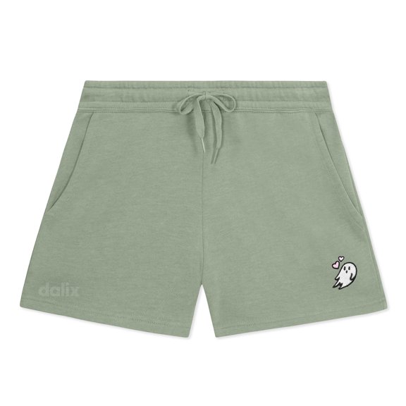 Dalix Heartly Ghost Embroidered Shorts Washed Soft Fleece Relaxed Drawstring Pocket Fit Lounge Womens in Sage XS X-Small