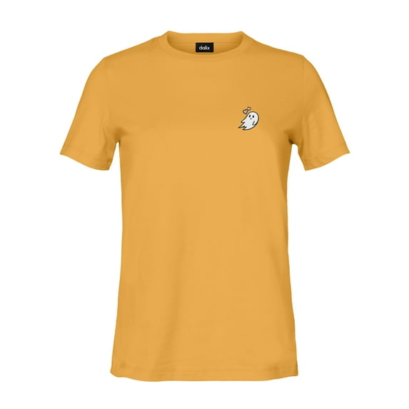 Dalix Heartly Ghost Embroidered Soft Cotton Short Sleeve T Shirt Womens in Mustard M Medium