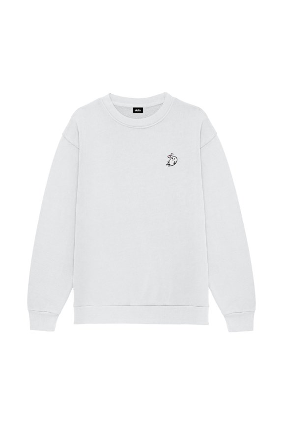 Heartly Ghost Embroidery Relaxed Crewneck Sweatshirt Soft Fleece Fit Lounge Womens in Lunar Gray L Large