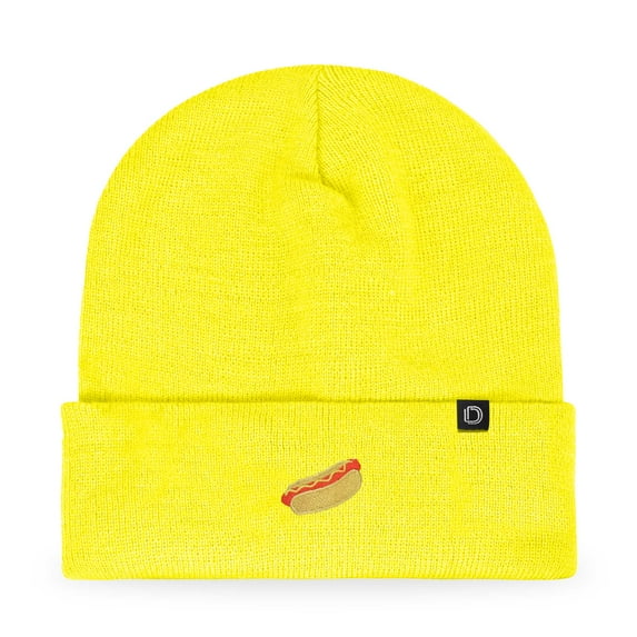 Dalix Hot Dog Embroidered Beanie Hat Cotton Cute Winter Fall Cap Womens in Neon Yellow