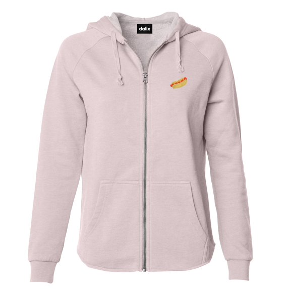 Dalix Hot Dog Embroidered Fleece Zip Washed Hoodie Cold Fall Winter Women in Blush M Medium