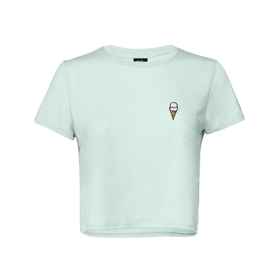 Dalix Ice Cream Embroidered Cropped Flowy Soft Cotton Short Sleeve T Shirt Womens in Dusty Blue M Medium