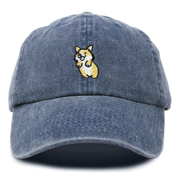 Dalix Leaping Corgi Embroidered Cap Cotton Baseball Hat Nautical Womens in Washed Navy Blue