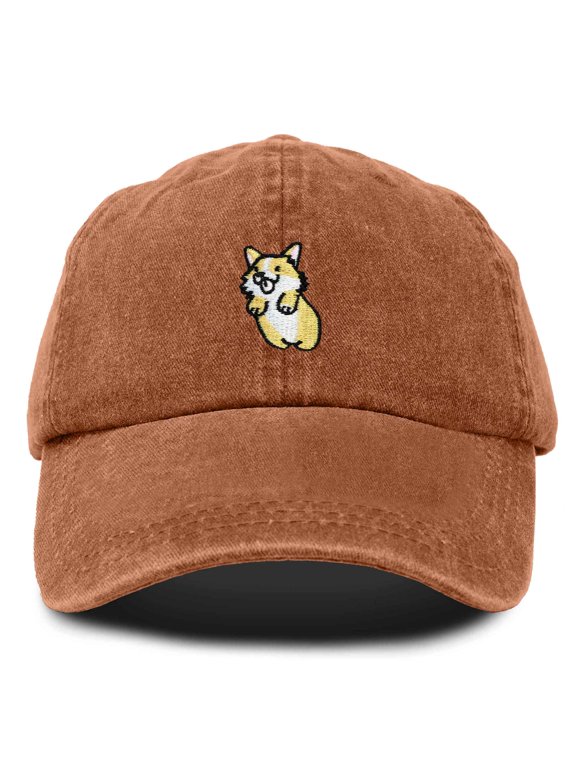 Leaping Corgi Embroidered Cap Cotton Baseball Hat Nautical Womens in Washed Orange