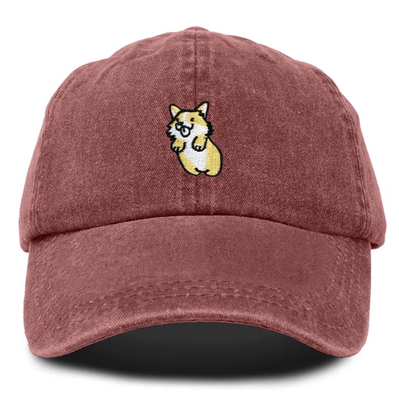 Dalix Leaping Corgi Embroidered Cap Cotton Baseball Hat Nautical Womens in Washed Red