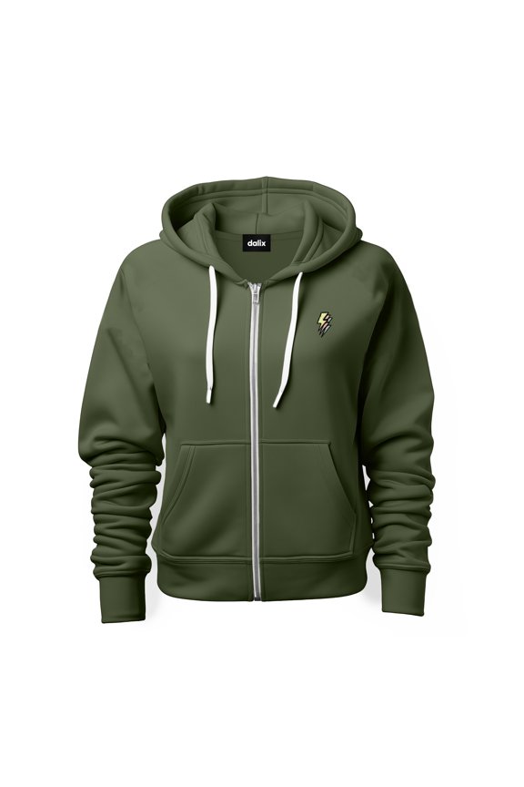 Lightning Bolt Glow in the Dark Embroidered Zip Hoodie Fleece Long Sleeve Pocket Warm Soft Mens in Military Green 3XL XXX-Large